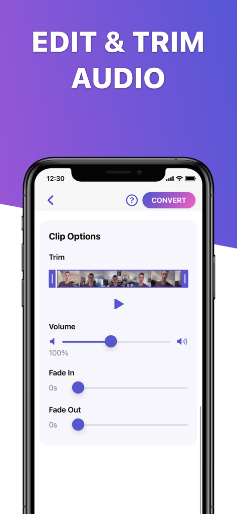 iPhone screen displaying audio editing options including trim volume control and fade in and out settings