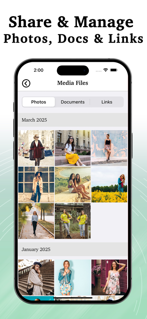 Interface of the Chat Backup app showing the media files management screen with photos organized by month