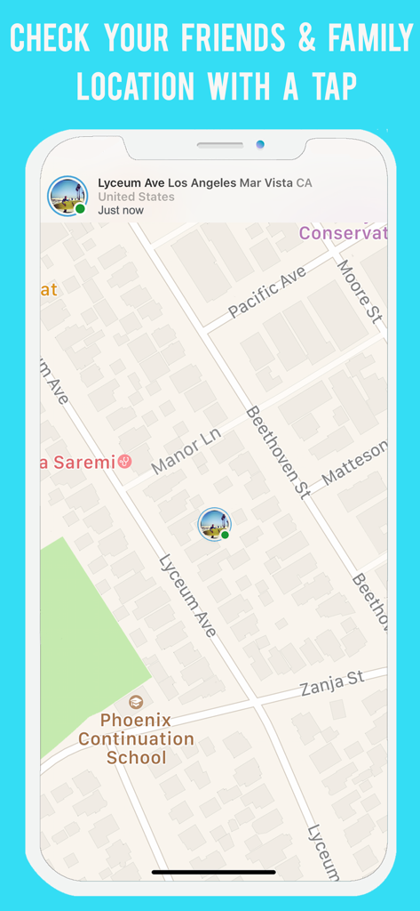 Locate & Track Phone By Number - Vista mappa nell'app Sensory che mostra la posizione in tempo reale di amici e familiari