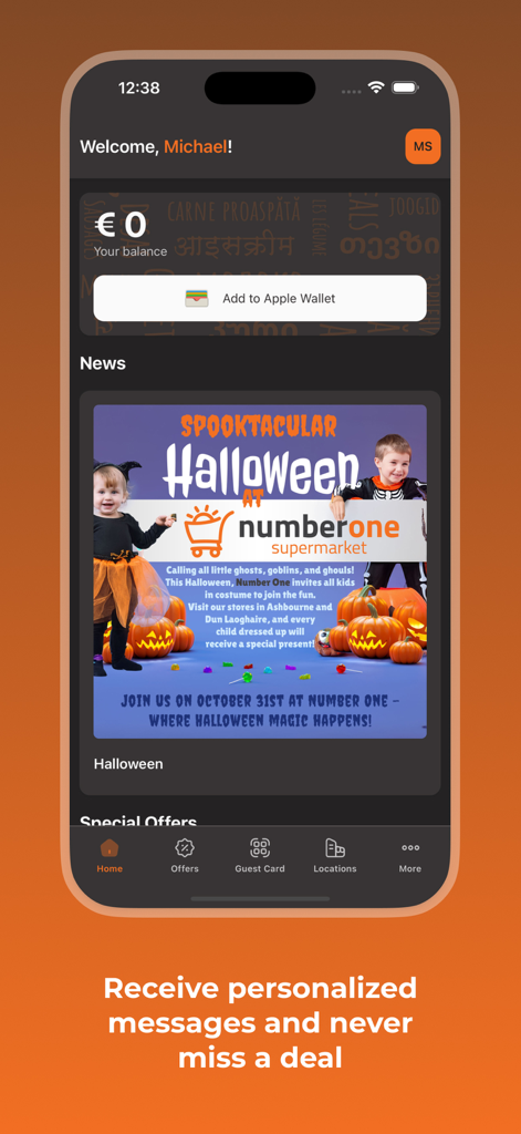 NR1 Rewards App Startbildschirm mit Punktestand und einer Halloween-Aktion