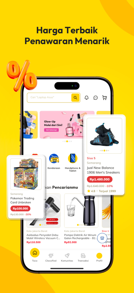 Toco - Sell and Buy - Toco mobile app interface showing various product listings and shopping categories on a yellow background
