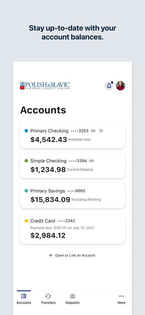 PSFCU Mobile - PSFCU Mobile app dashboard displaying balances for checking, savings, and credit card accounts.
