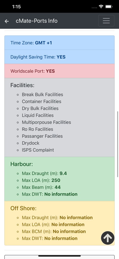 Technical port data screen showing facilities and harbour dimensions in the cMate-Ports Info app