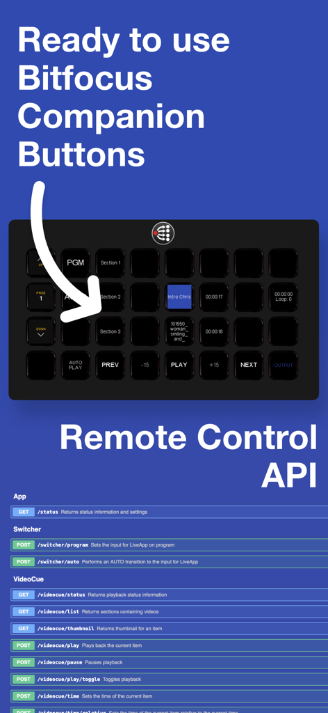 LiveApp Play - Screenshot of LiveApp Play showcasing Bitfocus Companion button integration and remote control API endpoints