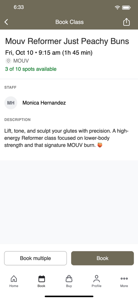 MOUV | Pilates Studio - Booking screen for a Reformer Pilates class on the MOUV app.