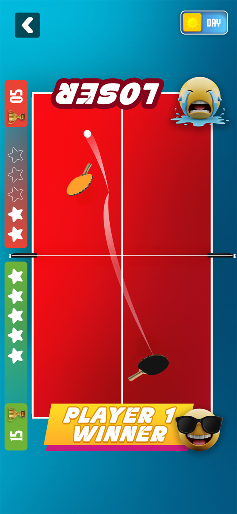Ping Pong : Table Tennis Games - Draufsicht auf einen Sieg-Bildschirm eines mobilen Tischtennisspiels mit Ergebnissen und Emojis.