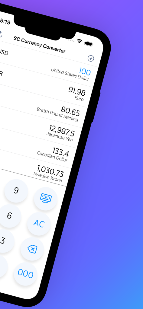 Converio - Money Calculator - Interface do aplicativo Converio exibindo taxas de conversão de moeda para várias moedas globais.