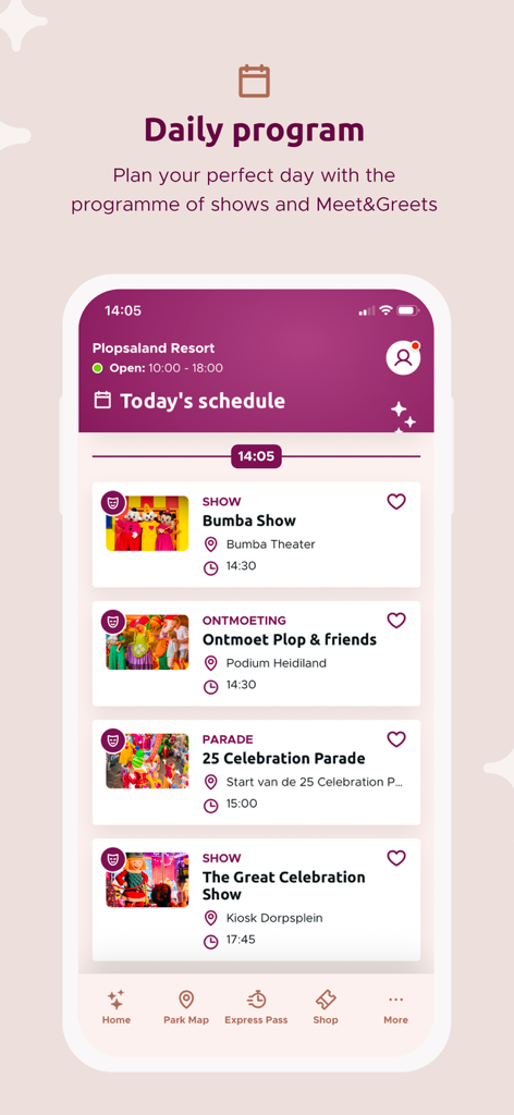 Plopsaland Resort Belgium - Mobile app interface showing the daily program and show schedule for Plopsaland Resort.