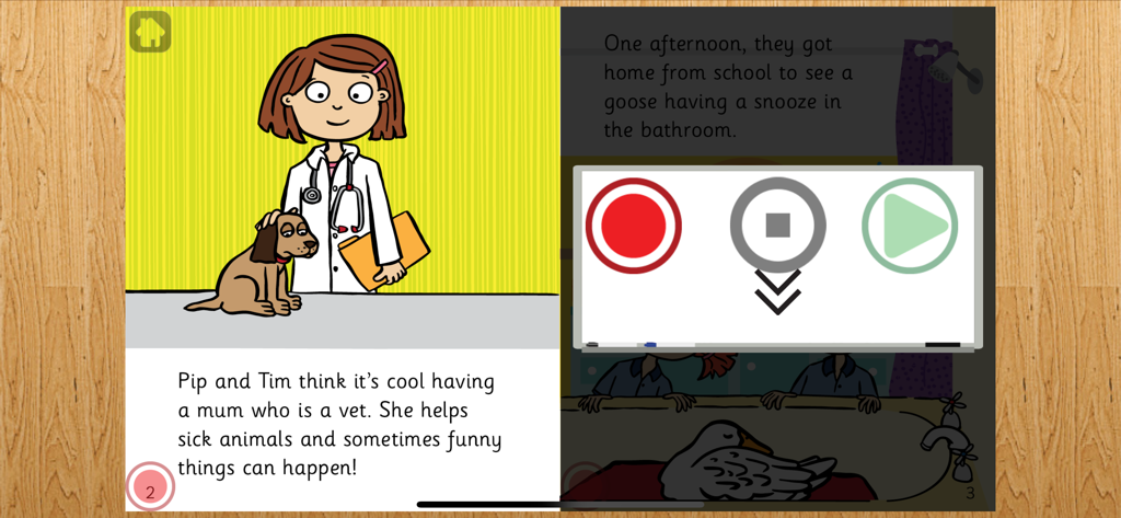 Digital storybook page with a veterinarian illustration and a recording interface showing record stop and play buttons.