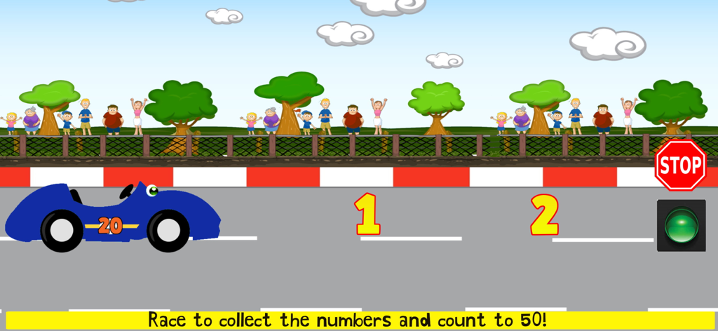 Things That Go! Vehicle Games - A blue race car on a track collecting numbers in an educational counting game for kids