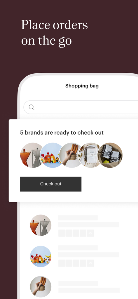 Faire Wholesale - Faire Wholesale app interface showing a shopping bag screen with a checkout button and curated boutique products.