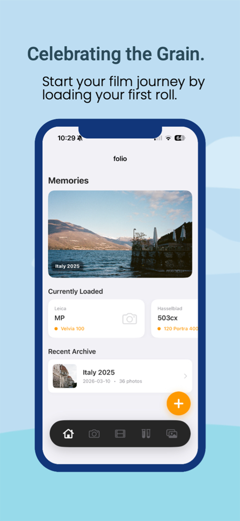Folio - Analog Film Tracker - La pantalla de inicio de la aplicación Folio mostrando el rastreo de películas analógicas para cámaras Leica y Hasselblad.