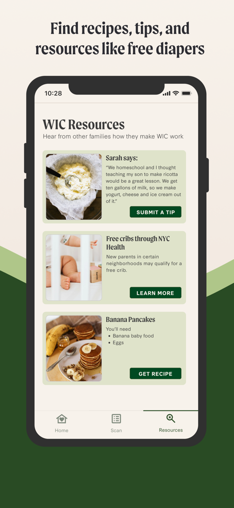 Screenshot of the Lulo app WIC Resources page showing community tips, local government resources like free cribs, and recipes using WIC ingredients.