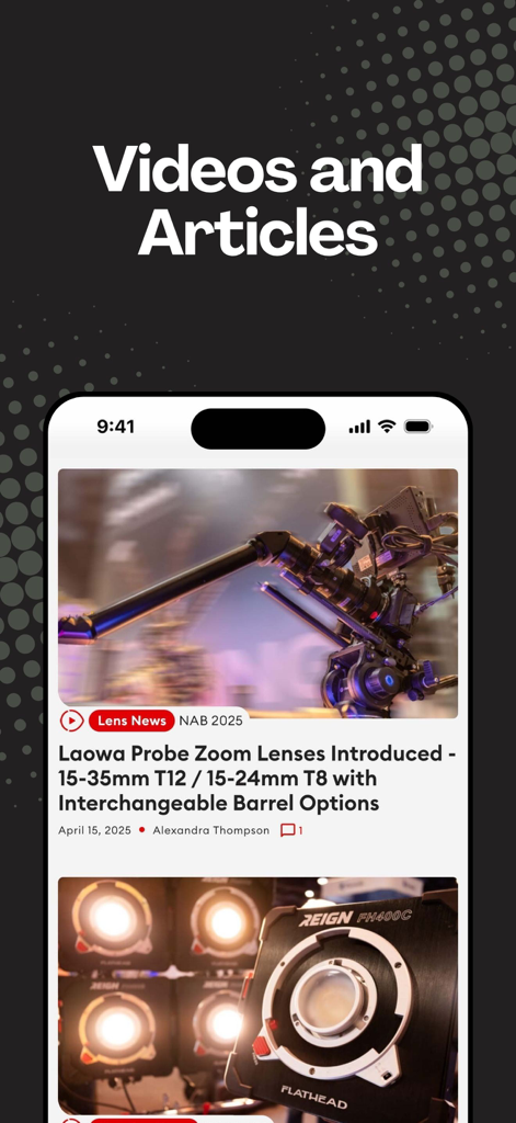 CineD app interface showing filmmaking news articles and gear reviews on a smartphone screen.