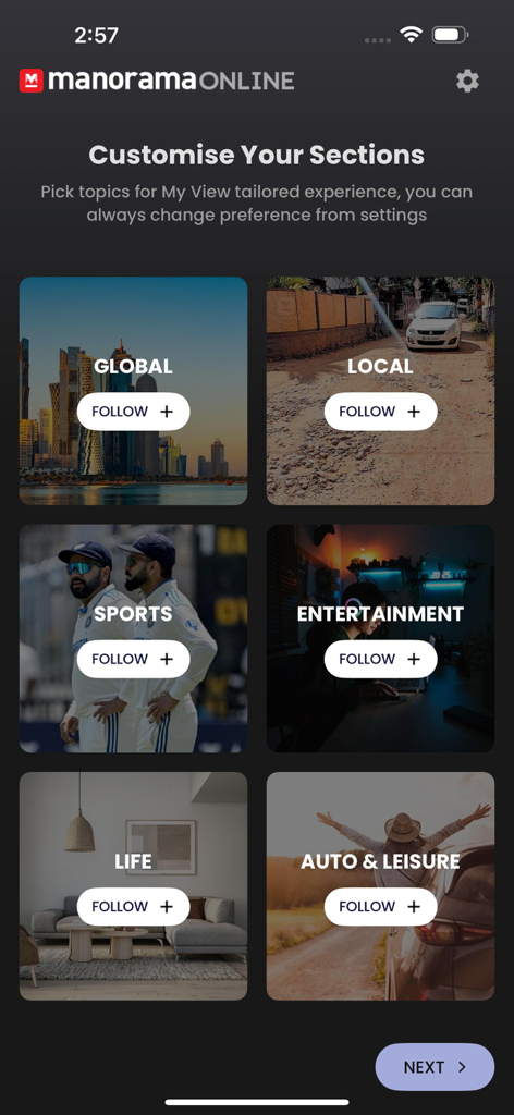 Manorama Online: News & Videos - Bildschirm, der die Anpassung von Nachrichtenthemen in der Manorama Online App zeigt