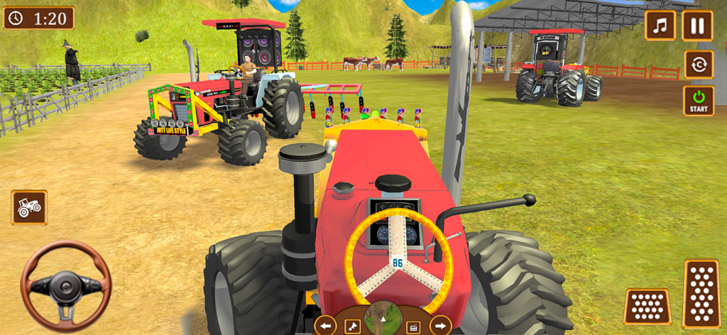 first person view driving a red tractor in a rural farm environment with 3d graphics