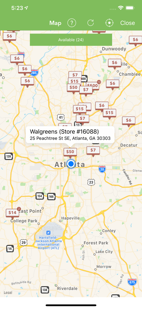 Survey Merchandiser - Survey Merchandiser 앱의 지도 인터페이스는 애틀랜타 전역의 급여액과 함께 여러 개의 사용 가능한 소매 긱을 보여줍니다.