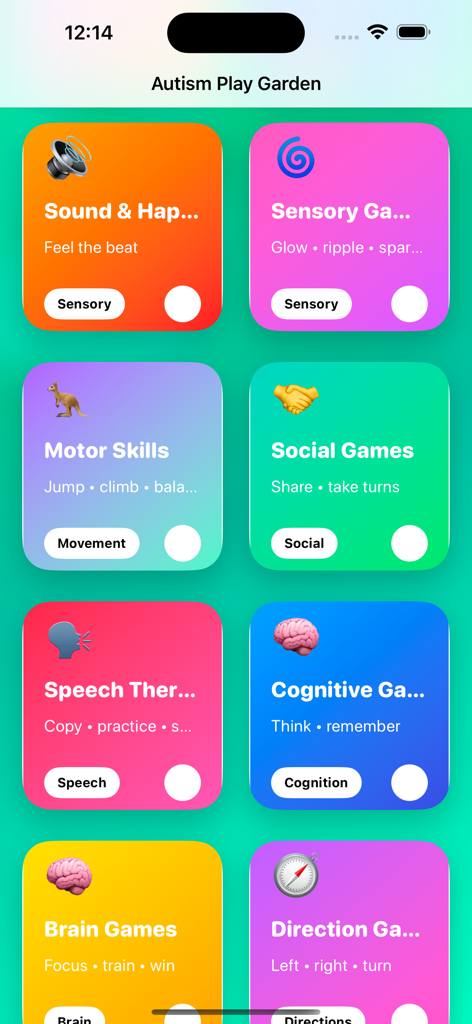 Autism Play Garden - Main menu of the Autism Play Garden app displaying colorful cards for sensory games motor skills and speech therapy