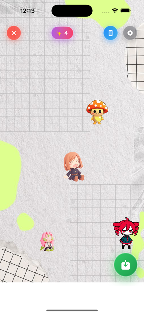 Shimeji Screen Pets - Quatre personnages d'anime chibi mignons, y compris un animal champignon et des filles d'anime, affichés sur un écran de téléphone à texture de grille.