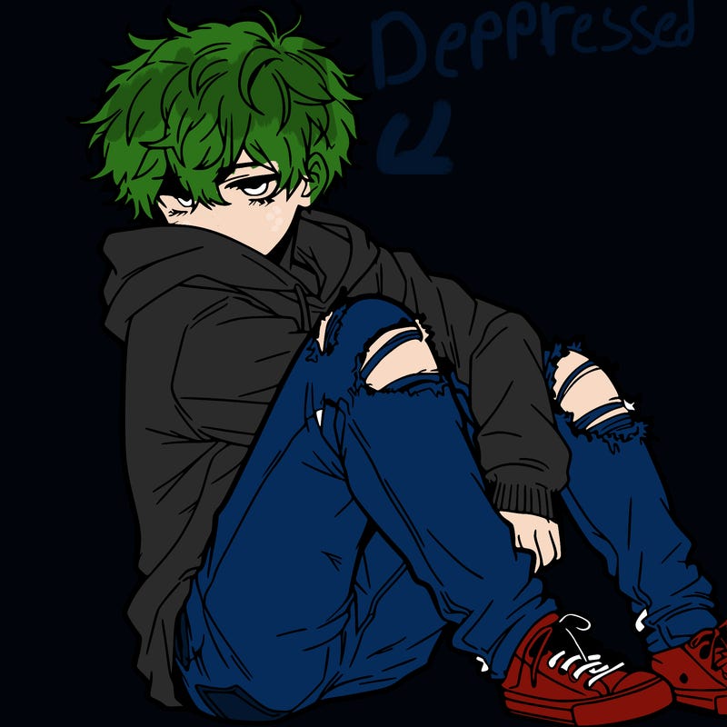 a male hoddie ripped jeans messy hair anime