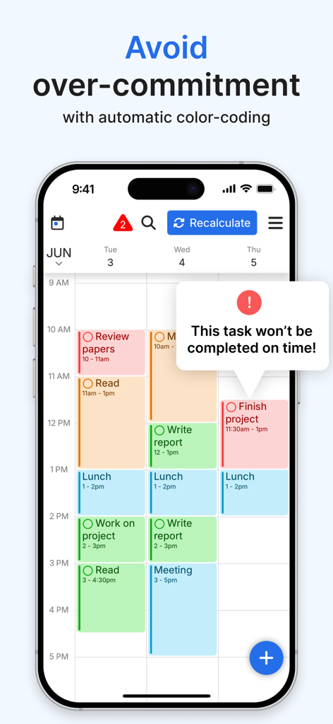 FlowSavvy mobile app interface displaying a calendar with a warning about task completion time