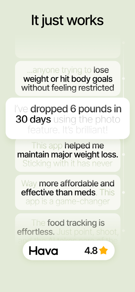 Hava – Lose weight, feel full - Colección de reseñas y testimonios positivos de usuarios para la aplicación de pérdida de peso Hava que muestra una calificación de 4.8 estrellas.