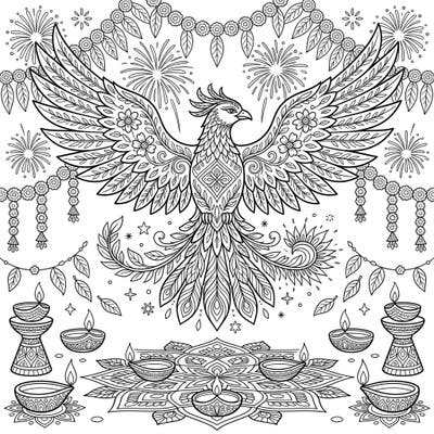 Celebrate the Festival of Lights with a unique coloring page featuring a magnificent Forest Phoenix. This intricate design blends natural majesty with the radiant spirit of Diwali, offering a truly captivating artistic experience.
