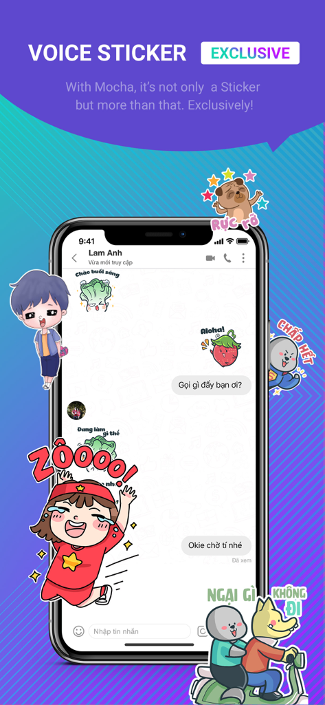 Pantalla de chat de la aplicación móvil Mocha con pegatinas de voz exclusivas y coloridas y personajes de dibujos animados
