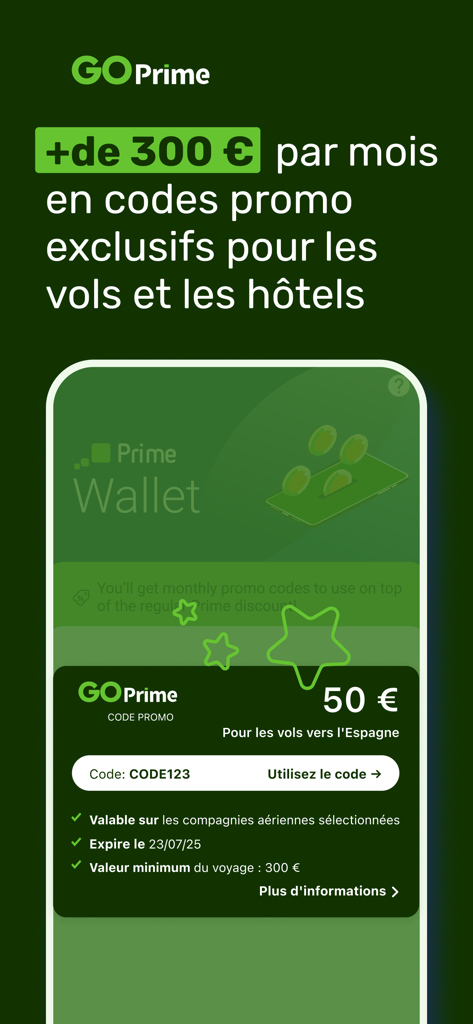 Go Voyages: Vols Pas Chers - Écran promotionnel Go Prime affichant des codes promotionnels mensuels exclusifs pour les vols et les hôtels