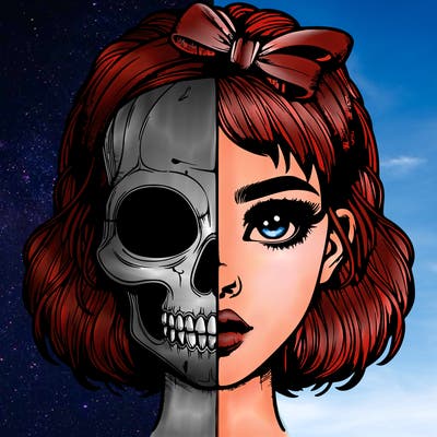 realistic girl with half skull mask