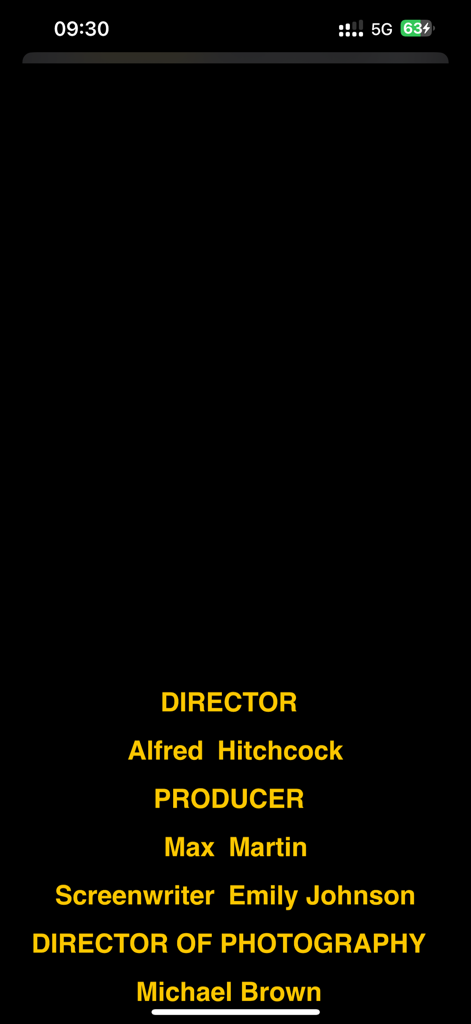 End Credits Maker: Roll Titles - A preview of yellow cinematic rolling credits on a black background showing names and film production roles