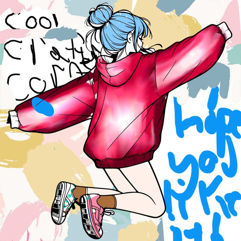 realistic girl jumping with a bun and oversized sweatshirt