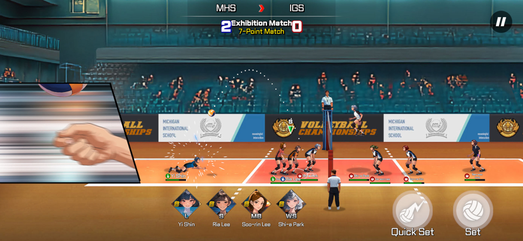 Volley Girls:High School Story - Gameplay screenshot of Volley Girls High School Story showing a volleyball match between high school teams.