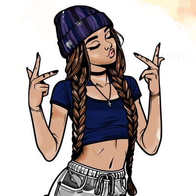 realistic teenage girl with braids and a beanie and crop top doing 🫶🏼