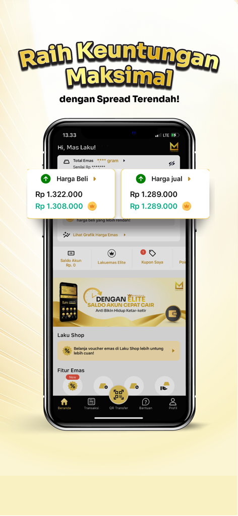 Smartphone displaying the Lakuemas app dashboard with digital gold buying and selling prices