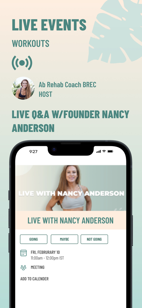 Birth Recovery Center - Mobile phone displaying a live Q and A session with Nancy Anderson in the Birth Recovery Center app