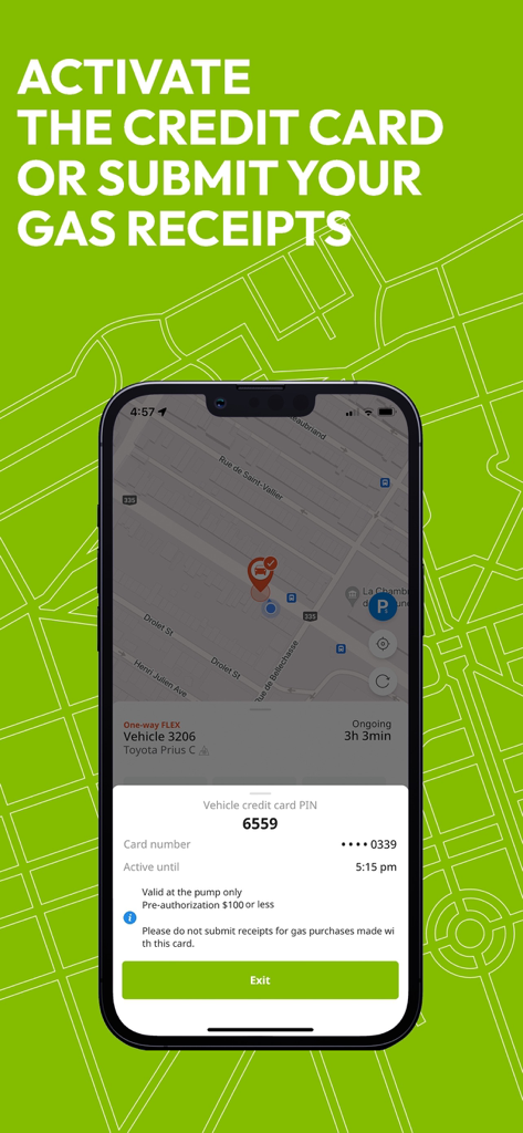 Interface de l'application mobile Communauto montrant comment activer la carte de crédit pour l'essence du véhicule et consulter le code PIN de ravitaillement.
