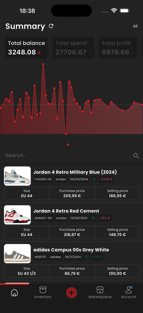 PocketSneaker dashboard showing collection total balance, profit statistics, and sneaker market value trends.