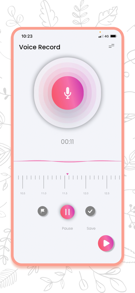 大きなマイクボタンとタイマーが表示されたボイスレコーダーアプリの録音画面