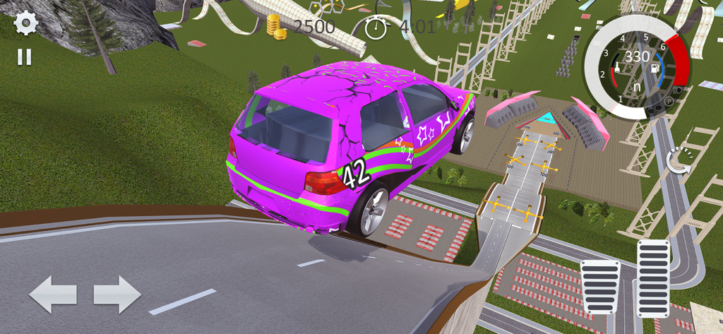 A purple customized car performs a high ramp jump in a stunt simulation game