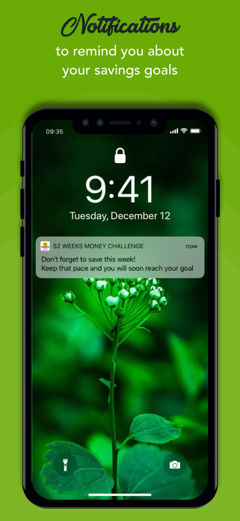 iPhone lock screen showing a notification reminder from the 52 Week Money Saving Challenge app to stay on track with savings goals.