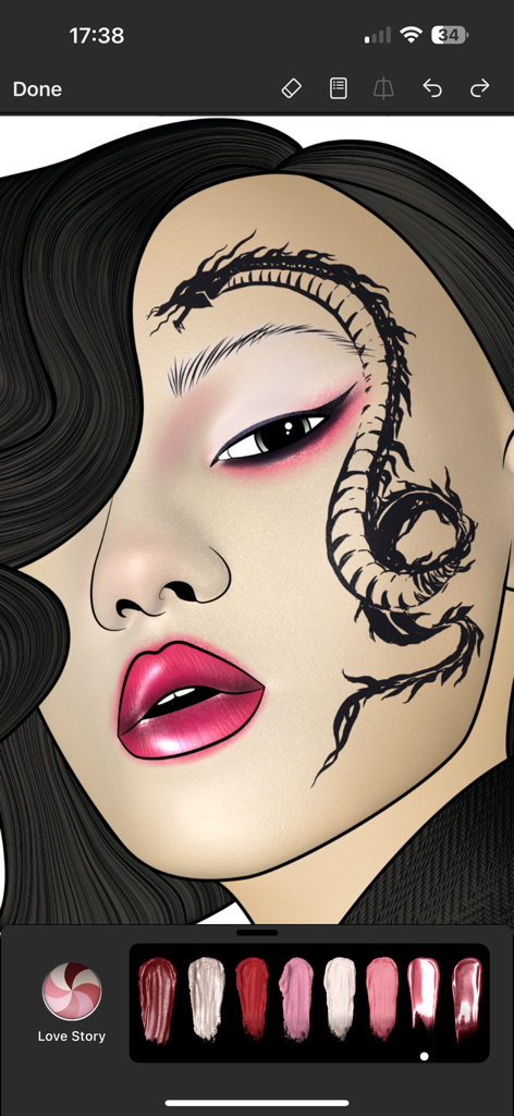 Prêt à Makeup - Um face chart digital no aplicativo Pret-a-Makeup com uma ilustração de dragão preto e maquiagem de lábios rosa brilhante.