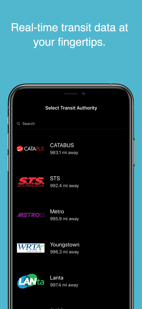 myStop Mobile - Interface of the myStop Mobile app showing a list of transit authorities like CATABUS and Lanta for real-time bus tracking.