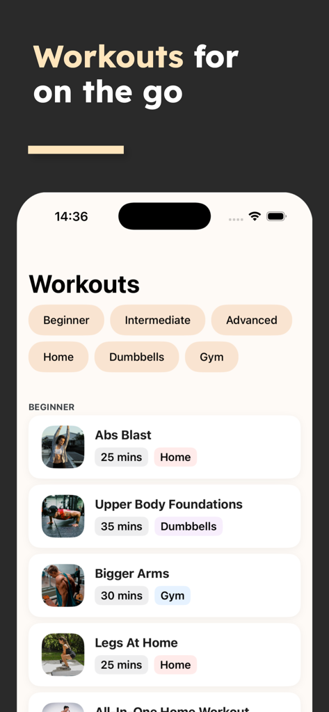 Strength Workouts - Training - A mobile app screen showing a list of beginner strength training routines for home and gym workouts