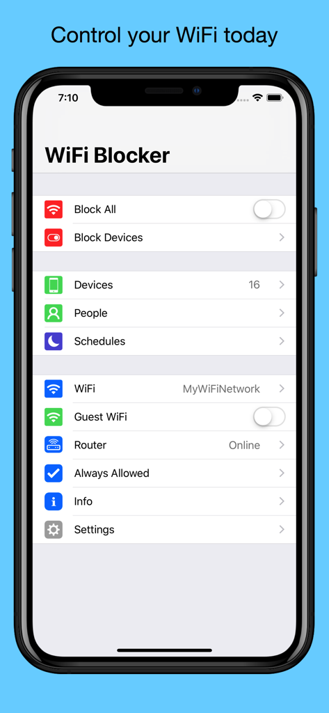 WiFi Blocker 앱 대시보드가 iPhone에서 표시되며 기기 차단 및 일정 설정과 같은 네트워크 제어 옵션을 보여줍니다