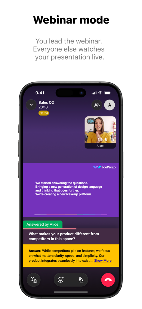 IceWarp mobile App-Oberfläche mit einer Live-Webinar-Präsentation mit Videostream und interaktivem Q&A-Bereich.