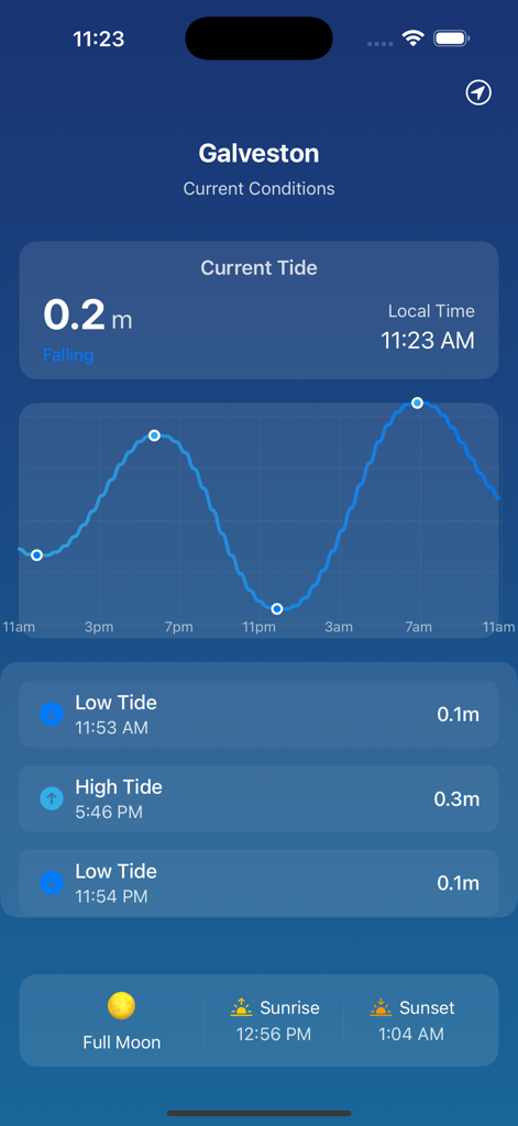 Just Tides - Just Tides mobile app interface showing a blue tide graph and high and low tide predictions for Galveston