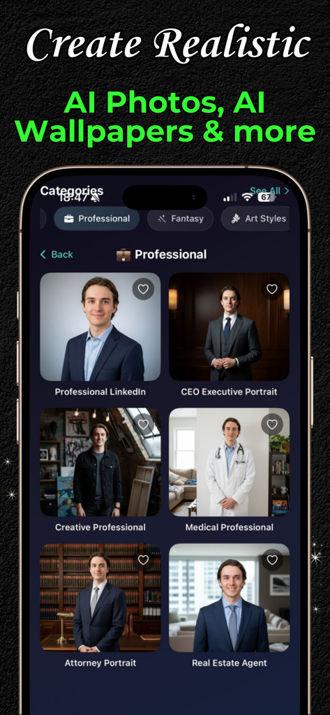 Pict: AI Photo Editor & Filter - Pict app screen displaying realistic AI professional headshots for various careers like medical and real estate