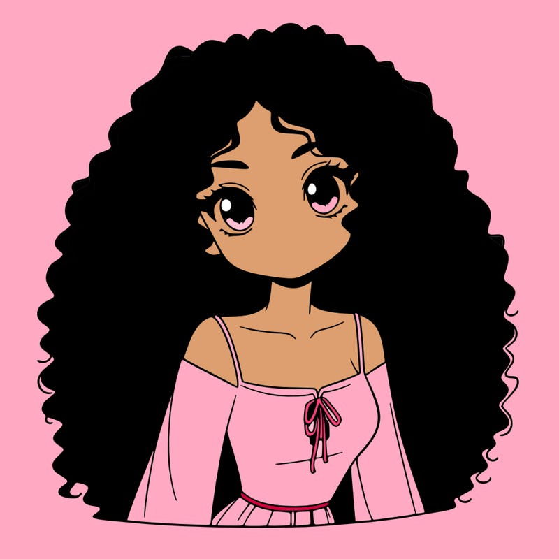 a black anime girl with long afro hair