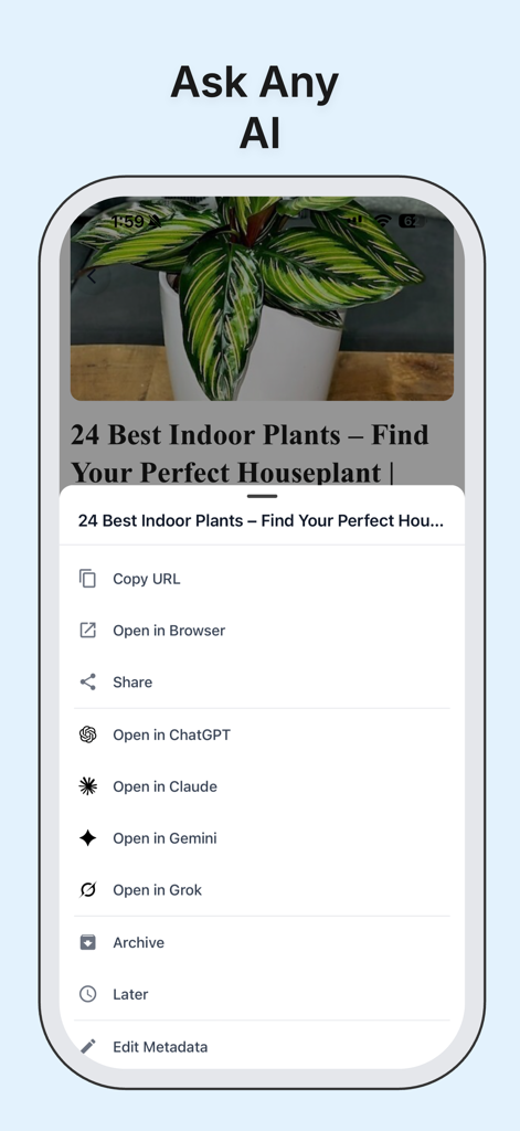 InfoFlow: Pocket Alternative - Screenshot of InfoFlow app showing options to open a saved article in ChatGPT Claude Gemini and Grok